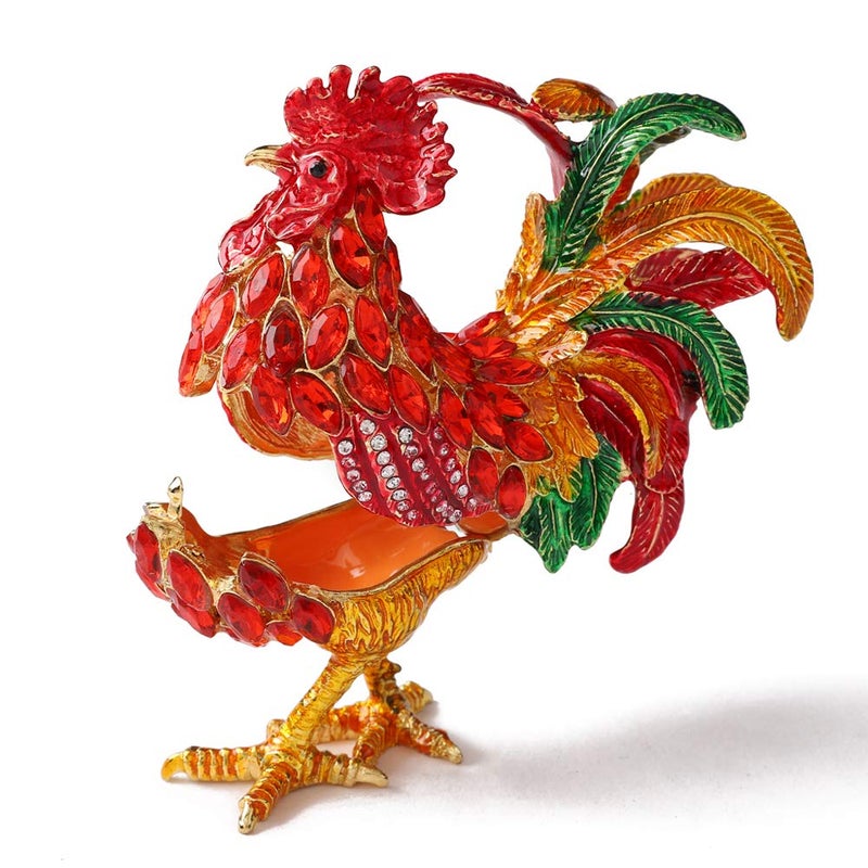 Furuida Rooster Trinket Boxes Hinged Enameled Jewelry Box Hand-Painted Animals Ornaments Craft Gift for Home Decor (Red) - Image 3
